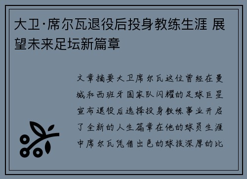 大卫·席尔瓦退役后投身教练生涯 展望未来足坛新篇章